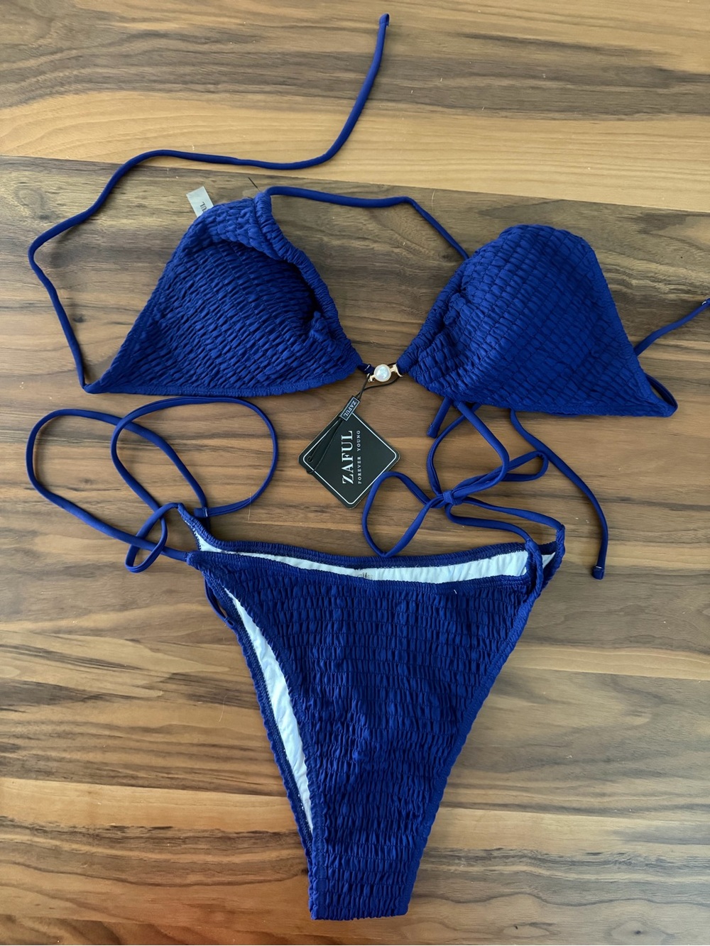 Zaful Cobalt Blue Smocked Triangle String Bikini
